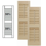 Traditional Wood Open Louver Shutters w/ Center Mullion w/ Faux Tilt Rod